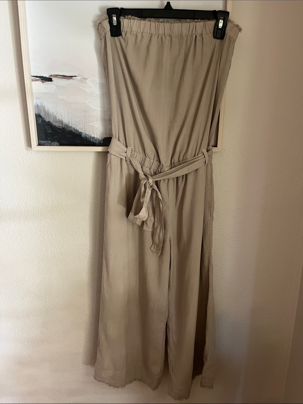 Cloth & Stone Strapless Wide-Leg Jumpsuit with Tie Belt - Beige